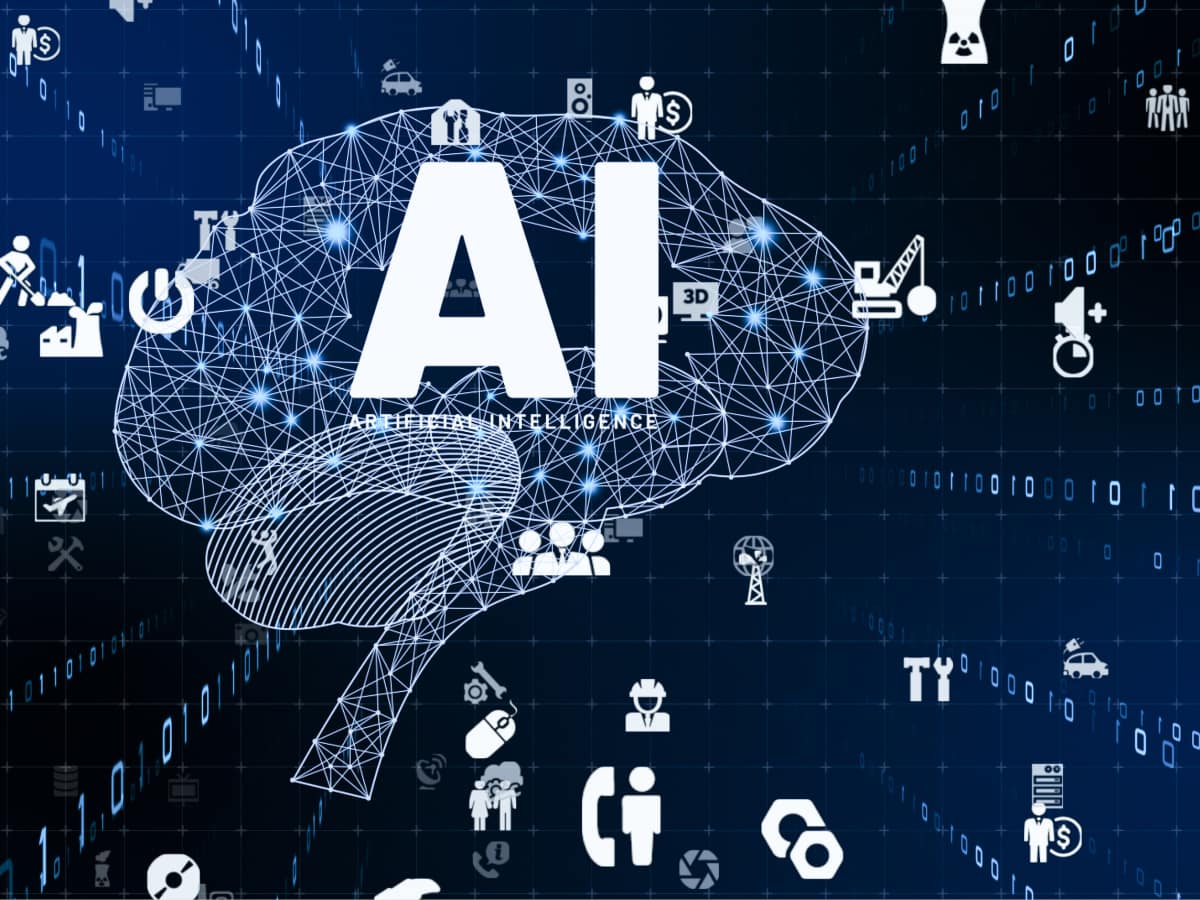Artificial intelligence brain network visualization graphic.
