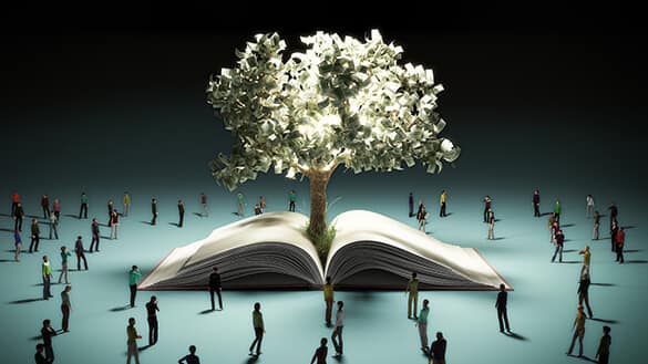 Knowledge tree growing from open book.