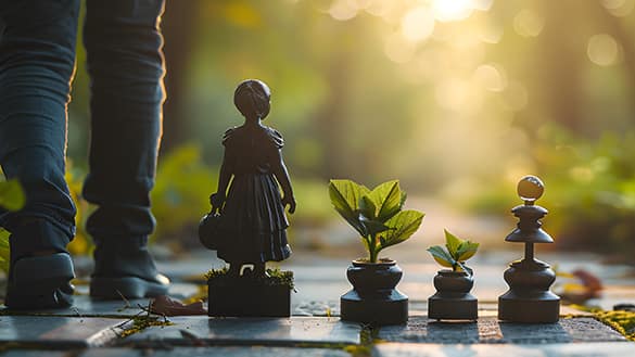 Person walking past small figurines